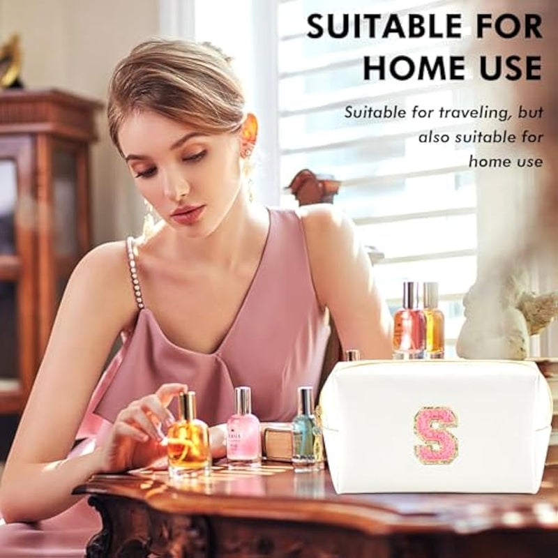 Initial Preppy Makeup Bag Personalized Travel Small Cosmetic Bag Cute PU White Chenille Letter Makeup Pouch for Purse Waterproof Zippered Toiletry Organizer for Women Girls Kids Friends (S) - Image 2